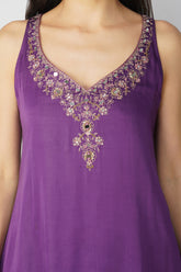 Majestic Purple Ensemble: Embroidered Kurta with Printed Stripe Skirt Set